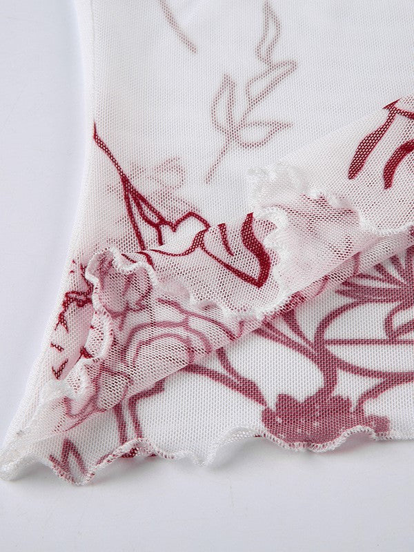 Vintage mesh perspectief hemdje met bloemenprint en kant