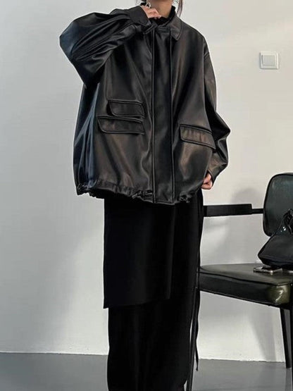 Veste rétro surdimensionnée en cuir végétalien noir avec fermeture éclair